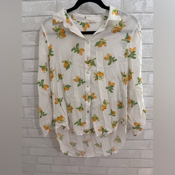 Jane and Delancey Lemon Print Button Down Rayon lightweight long sleeve M #1873 - Picture 1 of 6